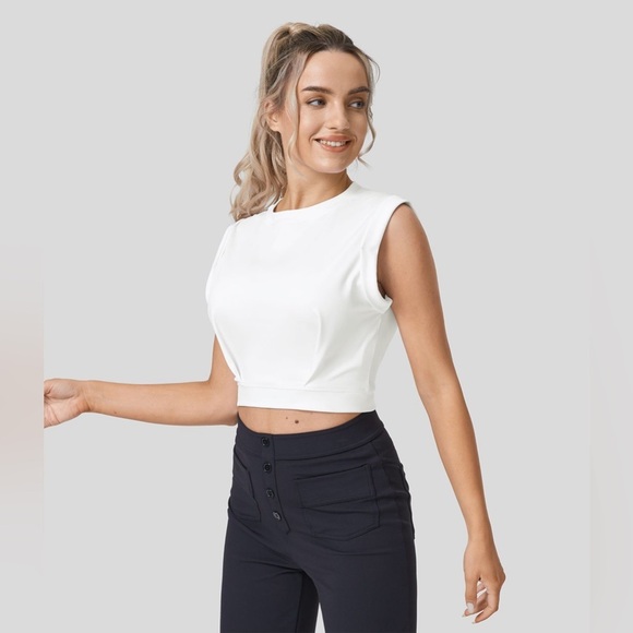 Halara White Crew Neck Sleeveless Cropped Yoga Tank Top | NEW/NWT!!🩶🩶 - Picture 3 of 11